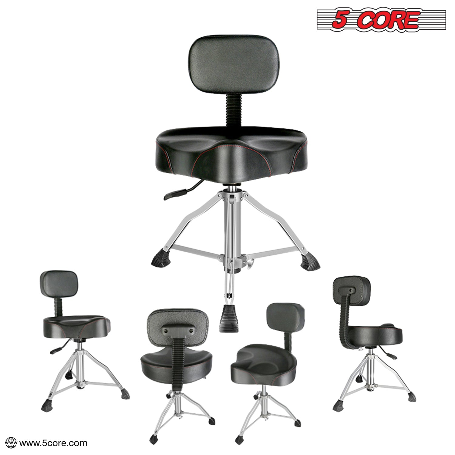 Start2Finish 5 Core Drum Throne with 4-inch padded seat, backrest, and airlift adjustable height for ergonomic comfort.