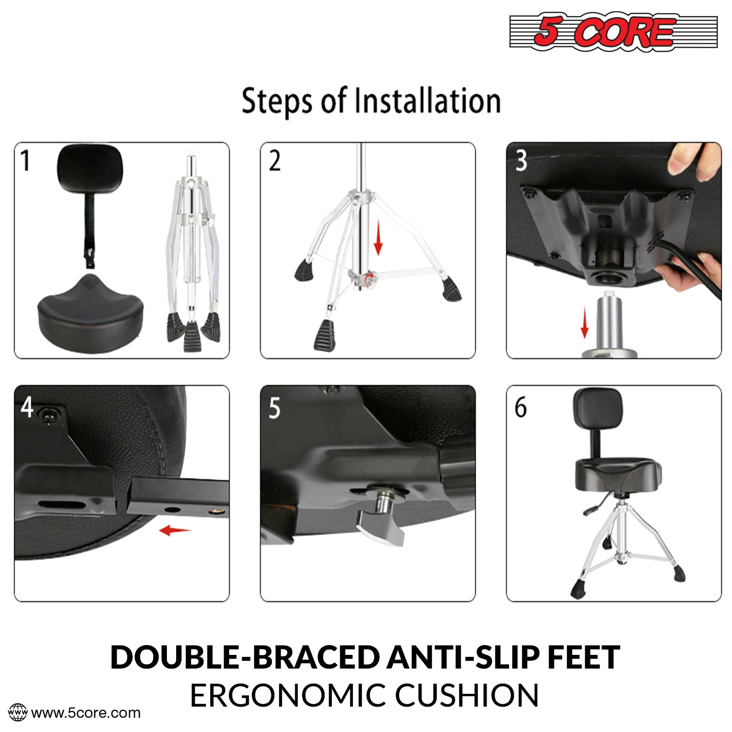 Start2Finish 5 Core Drum Throne with 4-inch padded seat, backrest, and airlift adjustment, ergonomic drummer stool for comfort.