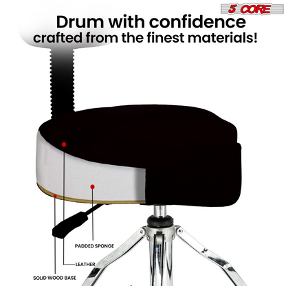 Start2Finish 5 Core Drum Throne with 4-inch padded seat, backrest, and airlift adjustable ergonomic drummer stool for musical instruments.