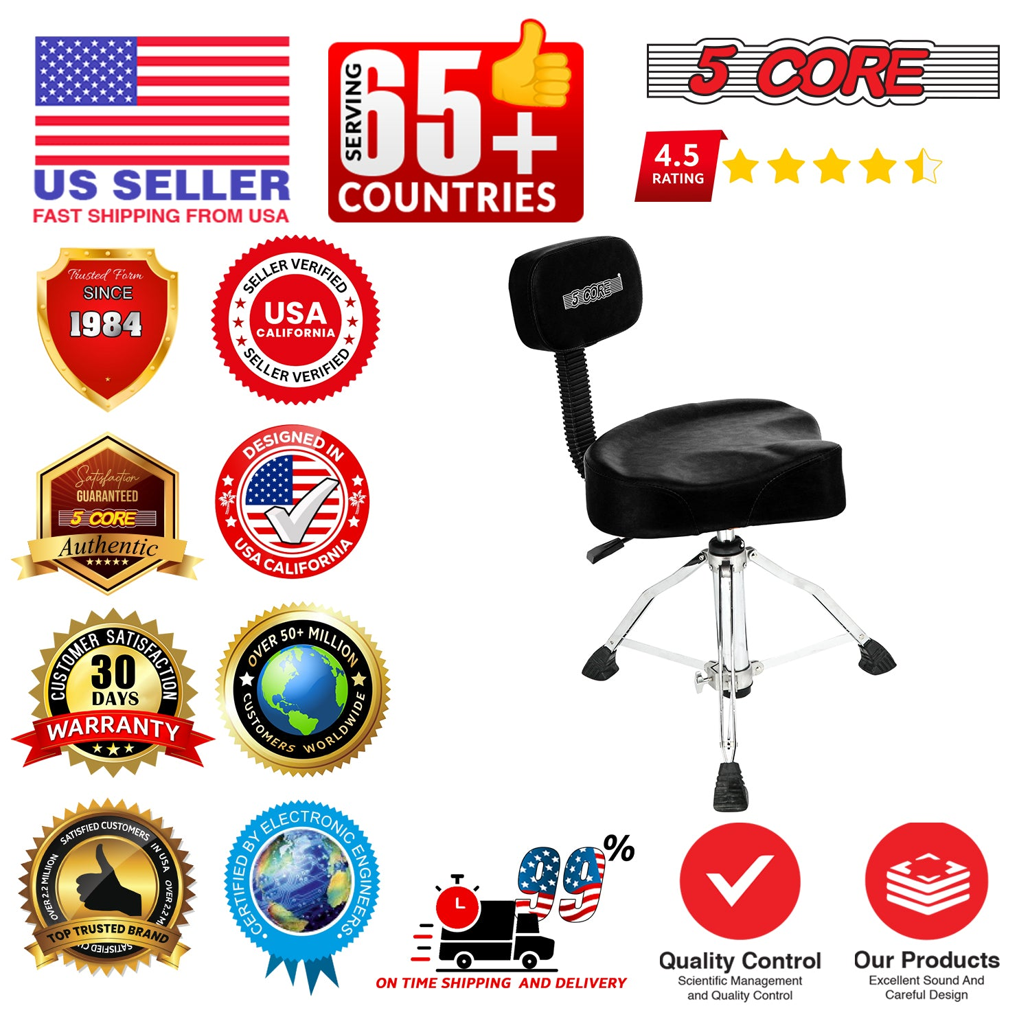 Start2Finish 5 Core Drum Throne with padded seat, backrest, and airlift adjustment for ergonomic comfort during drumming sessions.