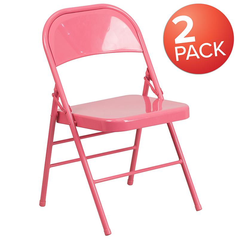 Start2Finish bubblegum pink metal folding chairs, 2-pack with triple braced and double hinged design, suitable for events and seating.