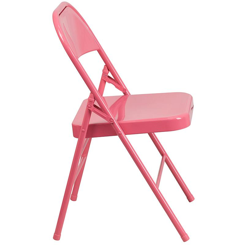 Start2Finish 2-pack bubblegum pink metal folding chairs with triple braces and double hinges, shown folded and open.