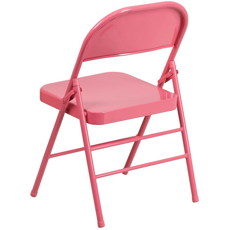 Bubblegum pink metal folding chairs with triple braced and double hinged design, ideal for versatile seating in event spaces.