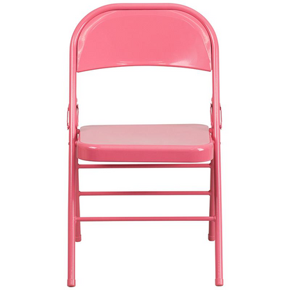 Two bubblegum pink metal folding chairs with triple braced and double hinge design, perfect for versatile seating.