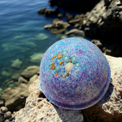 Start2Finish Sea Glass Bath Bomb with vibrant blue and green swirls, designed for relaxing bath and body skincare.