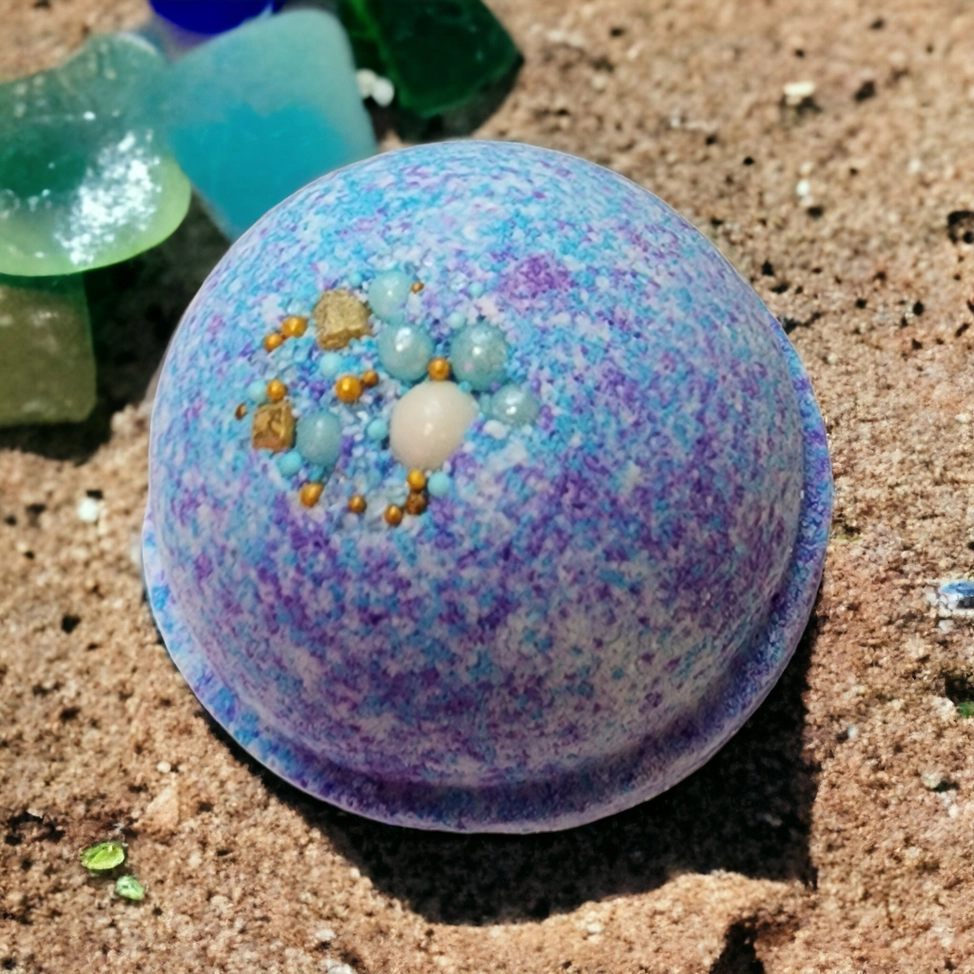 Start2Finish Sea Glass Bath Bomb, round blue-green bath &amp; body product with swirling colors, ideal for relaxing baths.