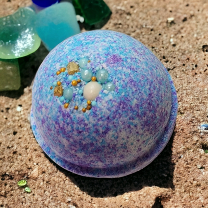 Start2Finish Sea Glass Bath Bomb, round blue-green bath &amp; body product with swirling colors, ideal for relaxing baths.