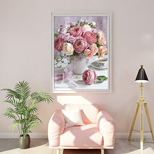 Start2Finish shabby pink and white roses in vase diamond painting kit for adults and kids, 5D full drill round craft project.