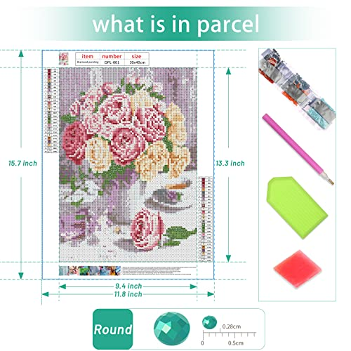 Start2Finish shabby pink and white roses in vase 5D diamond painting kit with round drills for adults and kids.