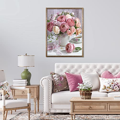 Start2Finish shabby pink and white roses diamond painting kit for adults and kids, featuring a round full drill design in a vase.