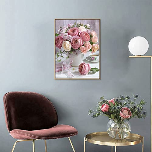 Start2Finish shabby pink and white roses in vase 5D diamond painting kit with round drills for adults and kids.