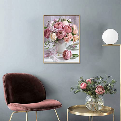 Start2Finish shabby pink and white roses in vase 5D diamond painting kit with round drills for adults and kids.