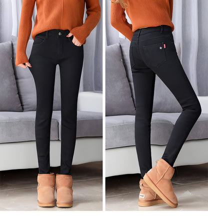 Thick lamb cashmere stretch jeans for women by Carmine Juneberry, featuring a comfortable fit and stylish design.