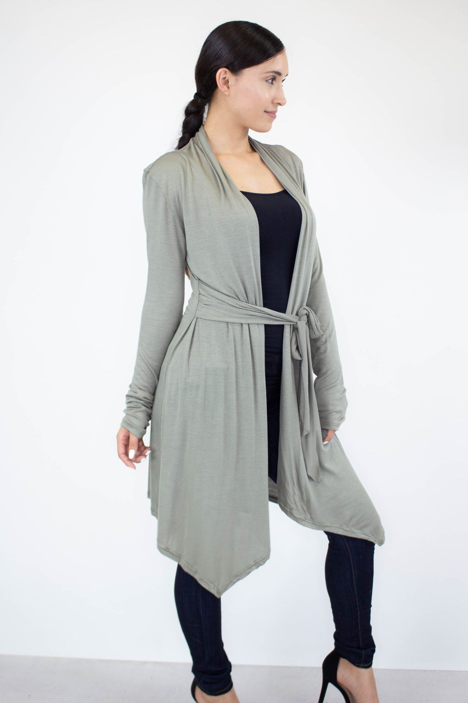 Yellow Hera lightweight waist tie cardigan, casual clothing with a relaxed fit and front tie detail, shown in a neutral color.