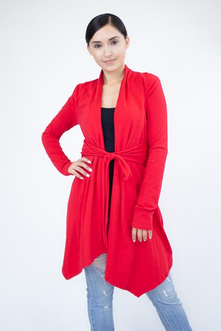 Red lightweight waist tie cardigan by Yellow Hera, showing front view with tied waist and soft fabric texture.