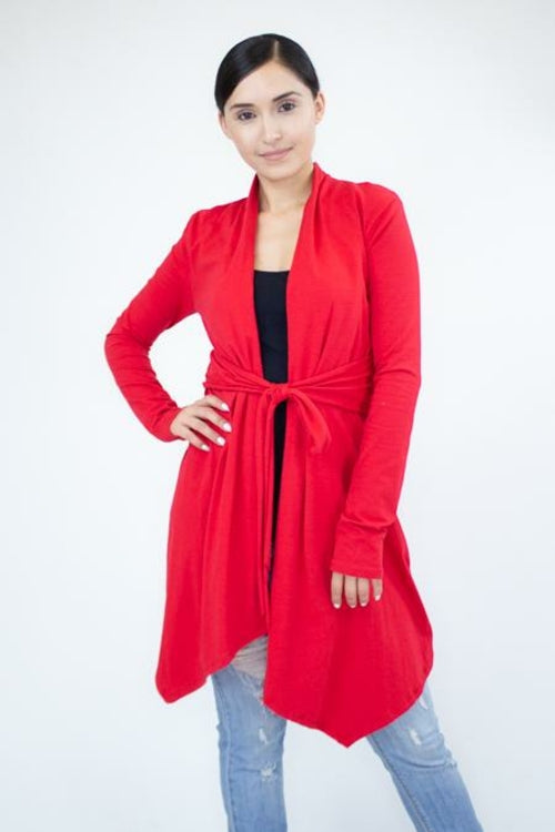 Red lightweight waist tie cardigan from Yellow Hera, displayed on a hanger with a relaxed fit and soft fabric.