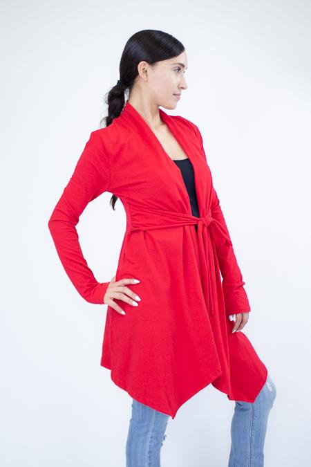 Red lightweight waist tie cardigan by Yellow Hera, showing front view with tied waist and casual fit.