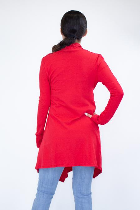 Red lightweight waist tie cardigan by Yellow Hera, featuring a fitted design and front tie closure.