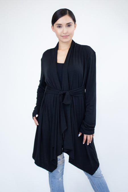Black lightweight waist tie cardigan from Yellow Hera, casual clothing with a relaxed fit and front tie closure.
