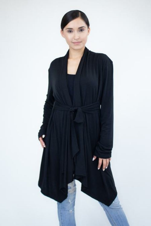 Black lightweight waist tie cardigan by Yellow Hera, casual clothing with a fitted design and front tie detail.