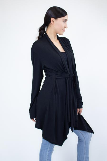 Black lightweight waist tie cardigan by Yellow Hera, featuring a relaxed fit and stylish design for casual wear.