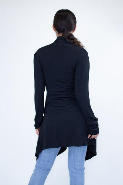 Black lightweight waist tie cardigan from Yellow Hera, featuring a soft fabric and relaxed fit for casual wear.