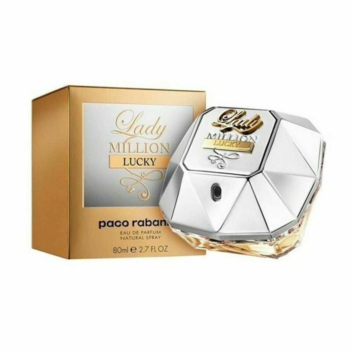 Women’s Lady Million Lucky Paco Rabanne EDP perfume bottle, elegant bodycare product with gold accents, on a neutral background.