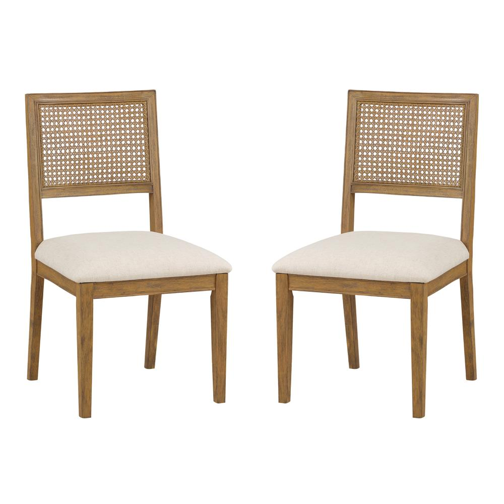 Two Alaina Cane Back Dining Chairs in linen fabric with coastal wash finish, showcasing stylish furniture design.