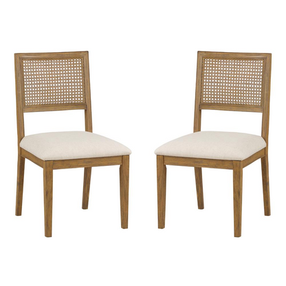 Two Alaina Cane Back Dining Chairs in linen fabric with coastal wash finish, showcasing stylish furniture design.