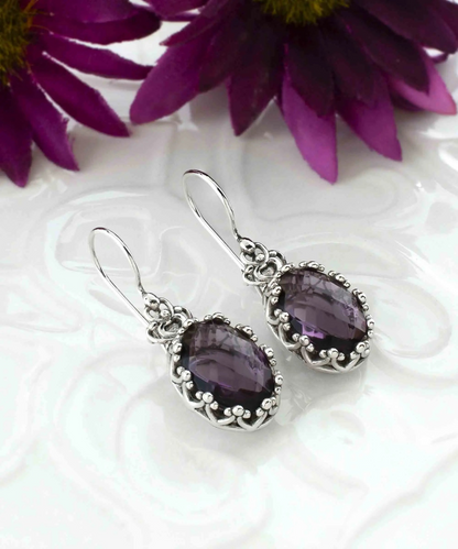 Silver oval drop earrings with filigree design, amethyst gemstone crown, and figured women jewelry by Start2Finish.