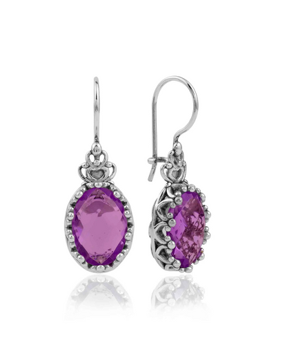 Silver oval drop earrings featuring filigree art and amethyst gemstones, designed for women with a crown-inspired figural design.