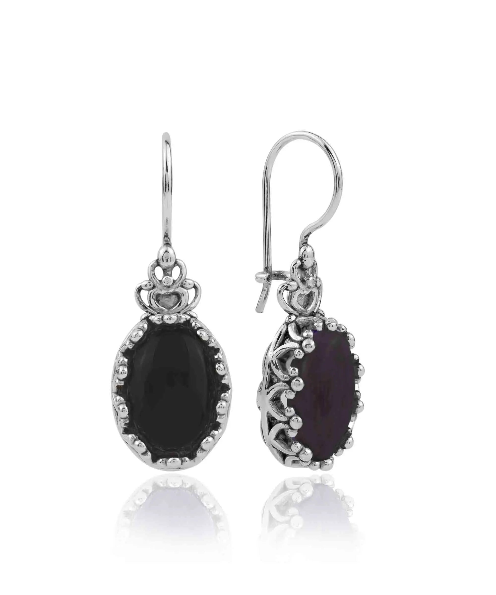 Filigree art black onyx gemstone crown earrings featuring silver oval drop design for women, crafted by Start2Finish jewelry.