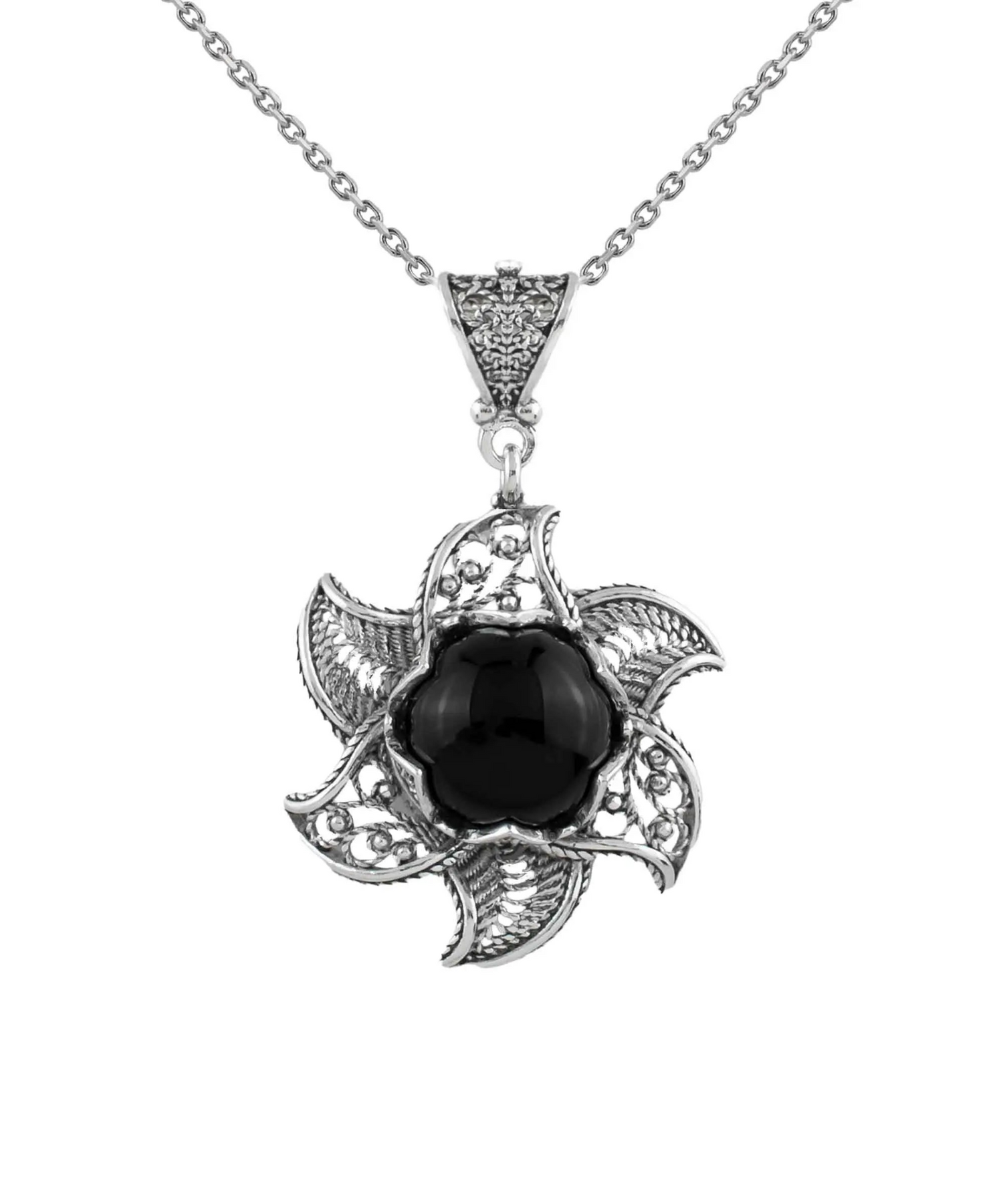 Sterling silver filigree lotus flower pendant necklace with black onyx gemstone, elegant jewelry by Start2Finish.