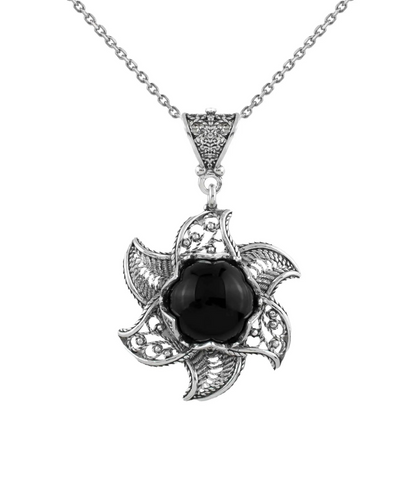Sterling silver filigree lotus flower pendant necklace with black onyx gemstone, elegant jewelry by Start2Finish.
