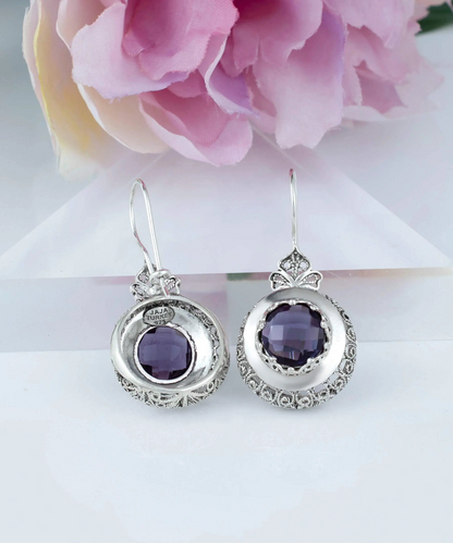 Sterling silver filigree art amethyst gemstone drop earrings for women with intricate designs and vibrant purple stones.