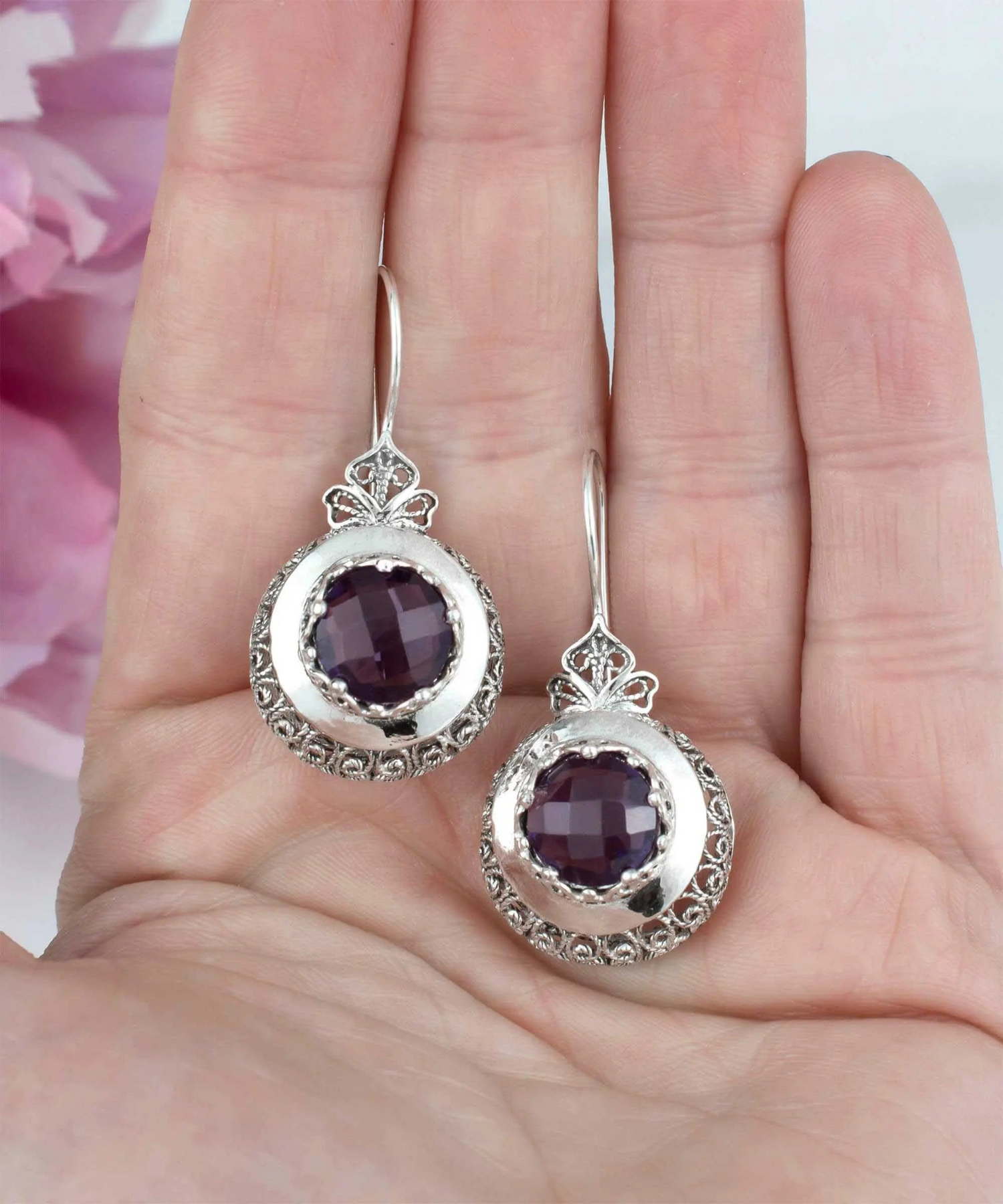 Sterling silver filigree art amethyst gemstone drop earrings for women with intricate design and vibrant purple stones.