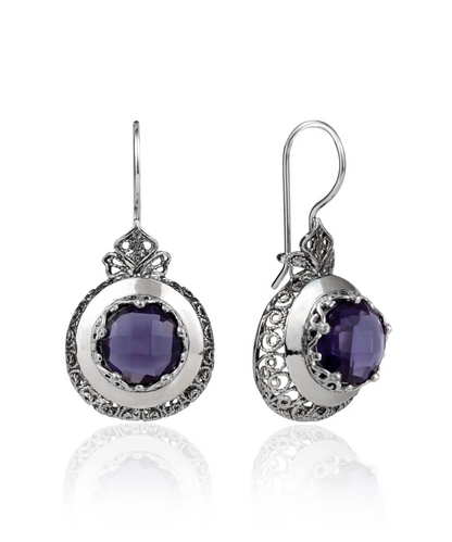 Sterling silver filigree art amethyst gemstone drop earrings for women featuring intricate silver craftsmanship and purple amethyst stones.