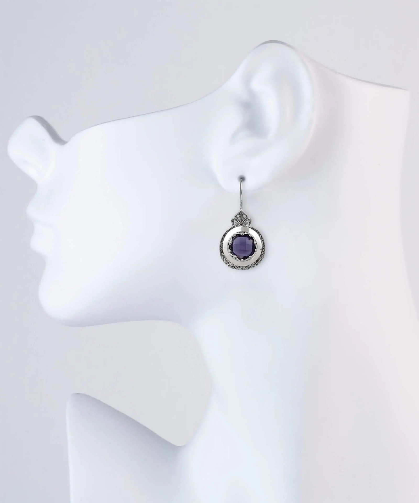 Sterling silver filigree drop earrings with purple amethyst gemstones for women, featuring intricate jewelry design and craftsmanship.