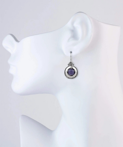 Sterling silver filigree drop earrings with purple amethyst gemstones for women, featuring intricate jewelry design and craftsmanship.