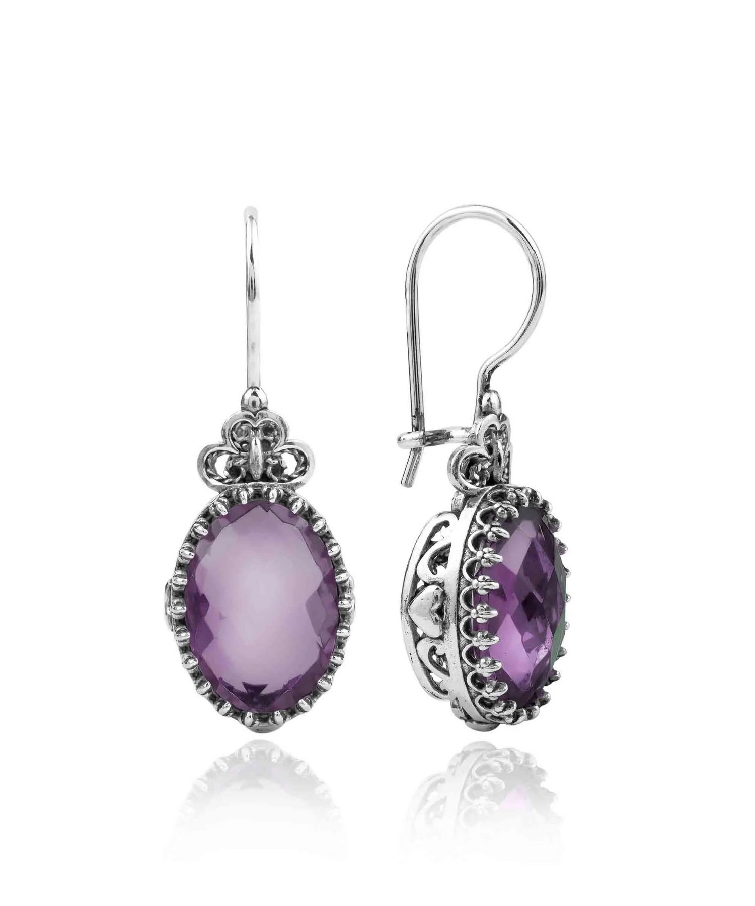 Silver oval drop earrings with filigree design and amethyst gemstone hearts, detailed women’s jewelry by Start2Finish.