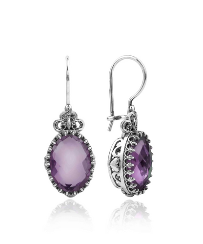 Silver oval drop earrings with filigree design and amethyst gemstone hearts, detailed women’s jewelry by Start2Finish.