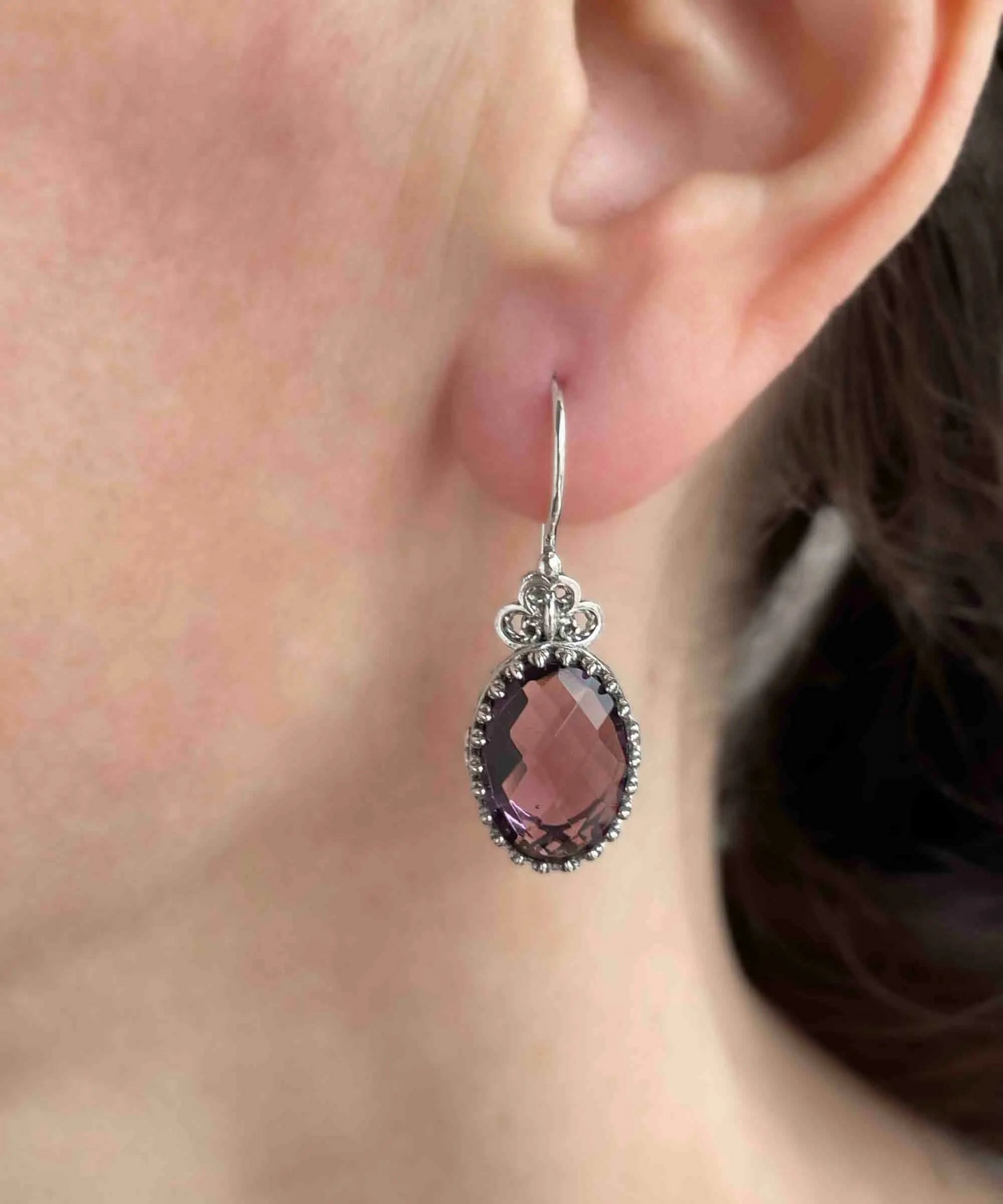 Silver oval drop earrings with filigree art and amethyst gemstone hearts, detailed jewelry for women by Start2Finish