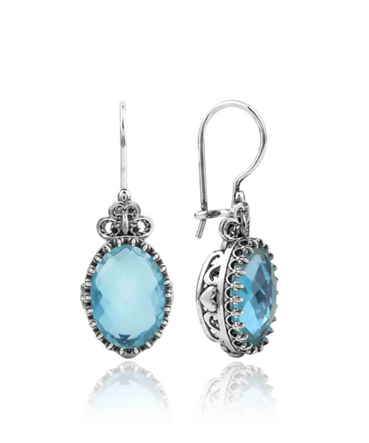 Silver oval drop earrings with filigree art, blue topaz gemstone hearts, detailed women’s jewelry by Start2Finish