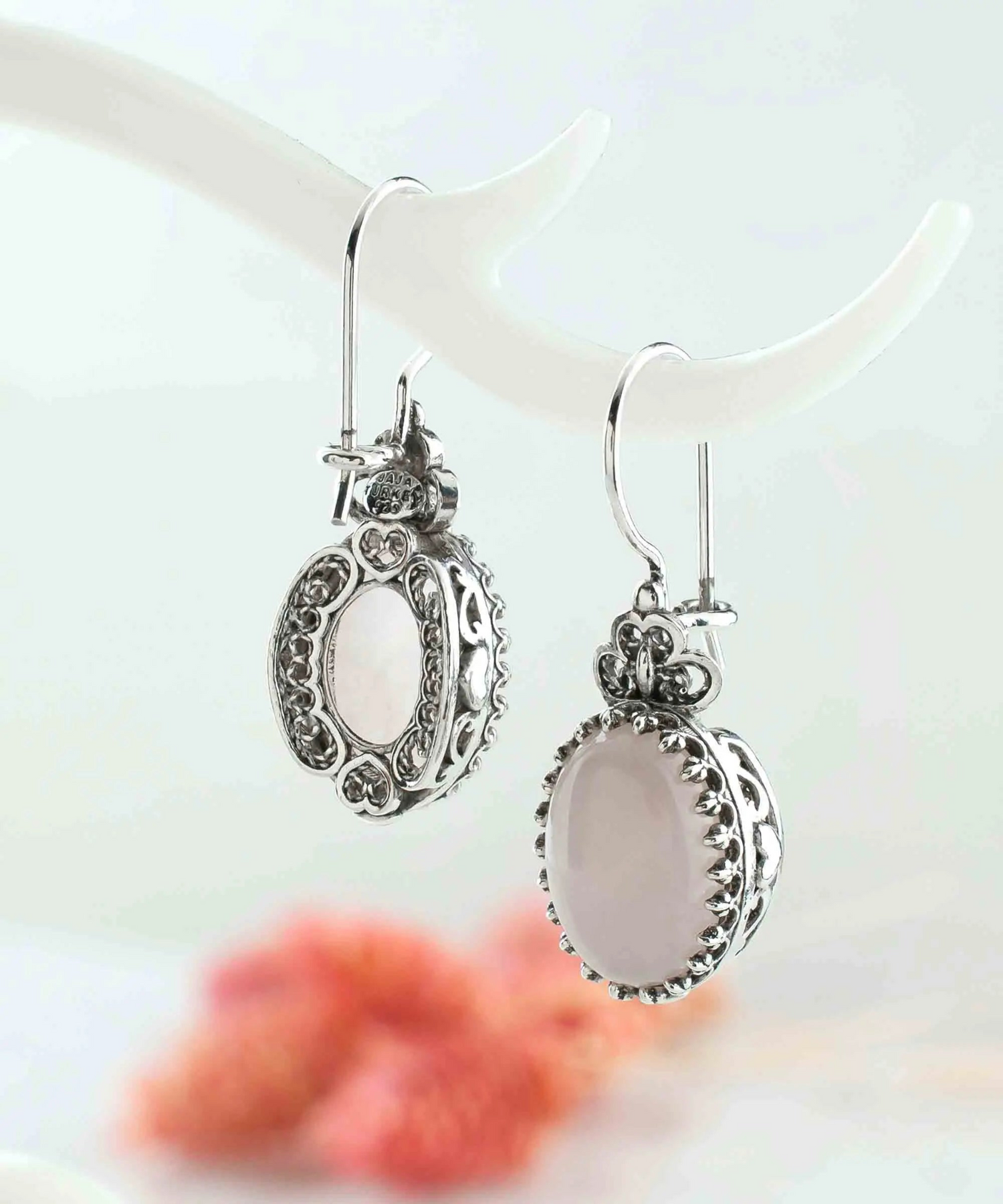 Start2Finish silver oval drop earrings with filigree art rose quartz gemstone heart details for women.