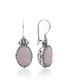 Silver oval drop earrings with filigree design and rose quartz gemstone hearts, detailed jewelry for women.