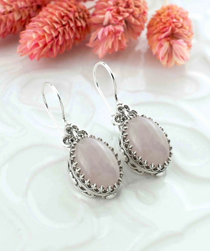 Silver oval drop earrings with filigree art rose quartz gemstone hearts and detailed design for women jewelry.
