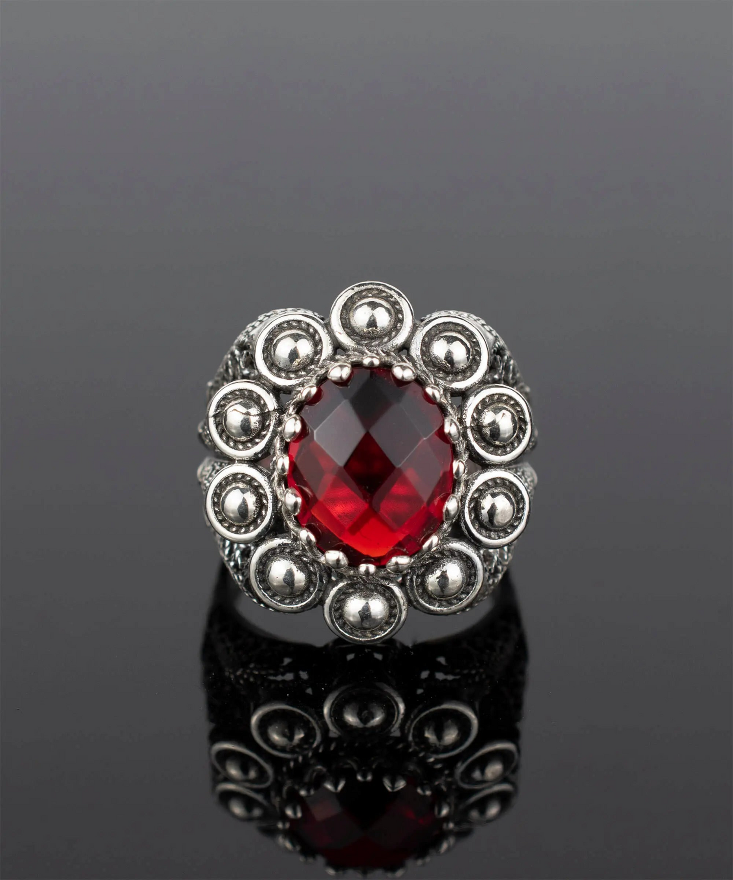 Filigree Art Ruby Quartz gemstone statement dome ring for women, featuring intricate metalwork and vibrant red gemstone details.