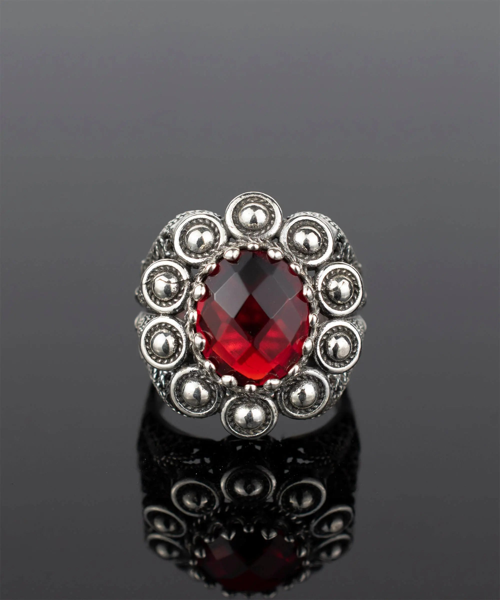 Filigree Art Ruby Quartz gemstone statement dome ring for women, featuring intricate metalwork and vibrant red gemstone details.