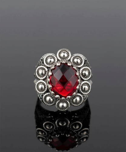 Filigree Art Ruby Quartz gemstone statement dome ring for women, featuring intricate metalwork and vibrant red gemstone details.