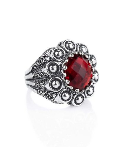 Start2Finish filigree art ruby quartz gemstone women’s statement dome ring with intricate metalwork and vibrant red gemstone.